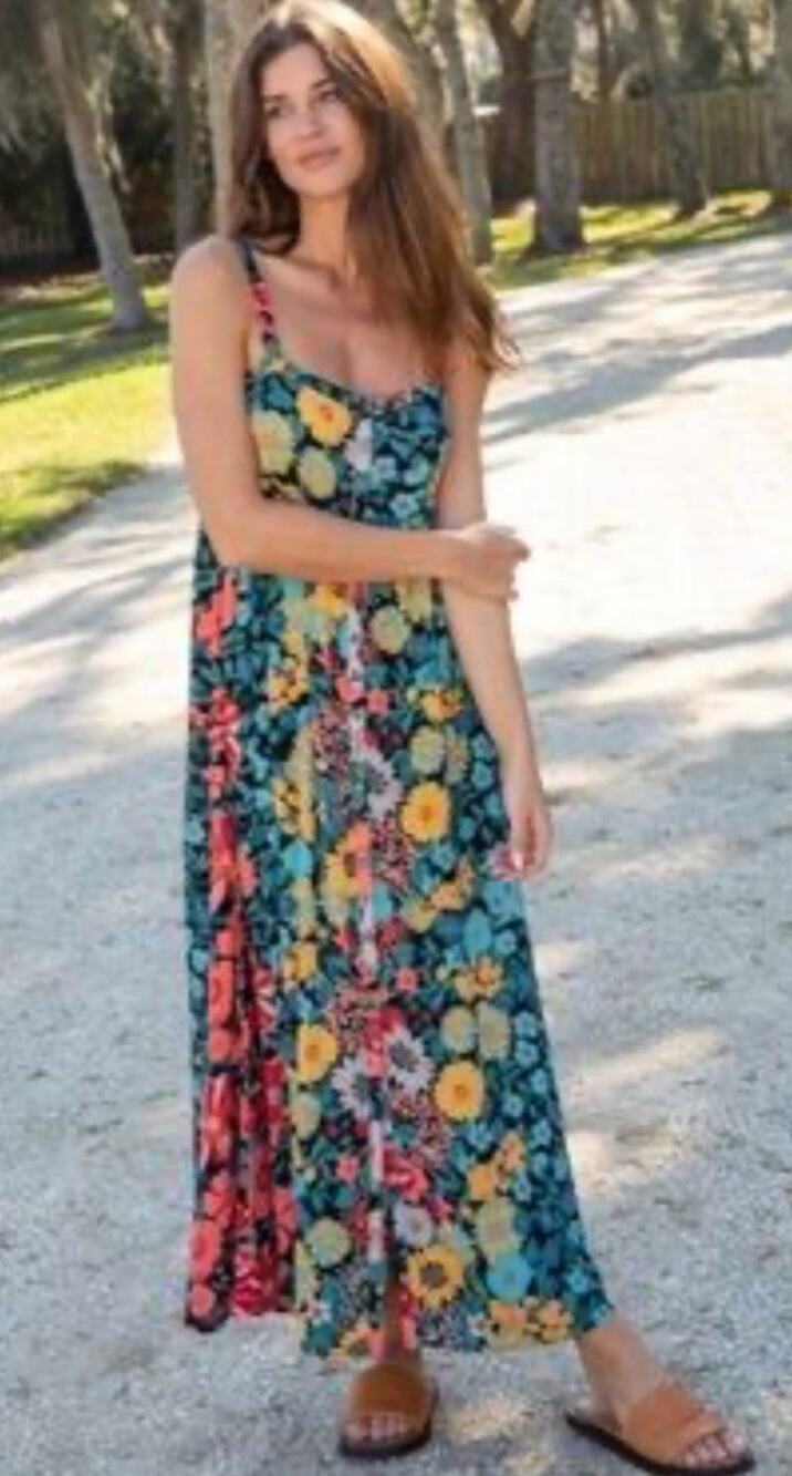 Natural Life Sidney Floral Maxi Dress Handkerchief Hem Button Front Size L